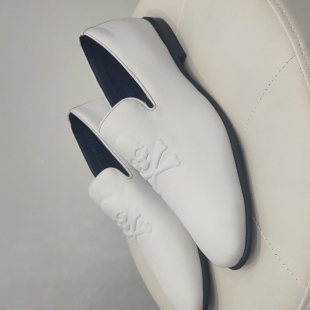 Section X white leather skull crossbone men's dress loafer shoes saint Slip On